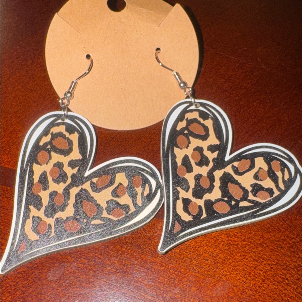 Cheetah Print Wooden Heart Earrings
